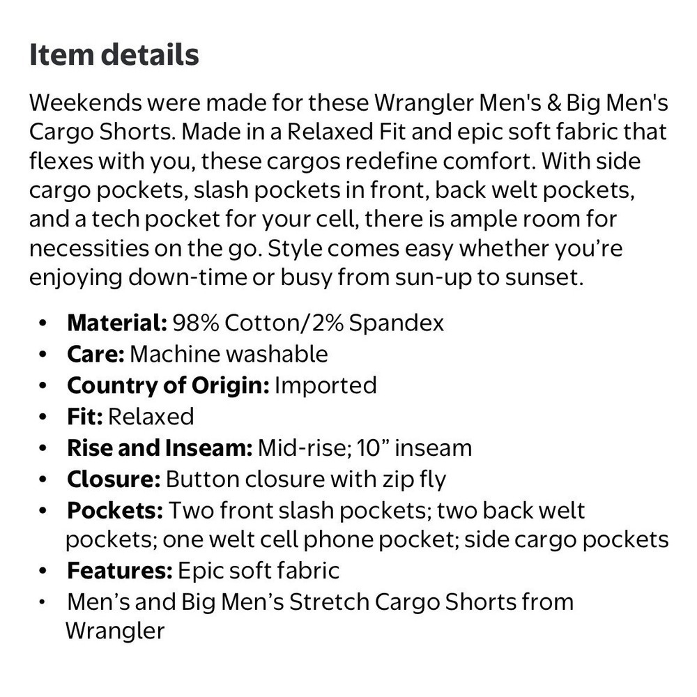Wrangler Cargo Shorts Mens 44 Relaxed Fit Cotton Gray Outdoors Trail Casual NEW - Picture 11 of 16